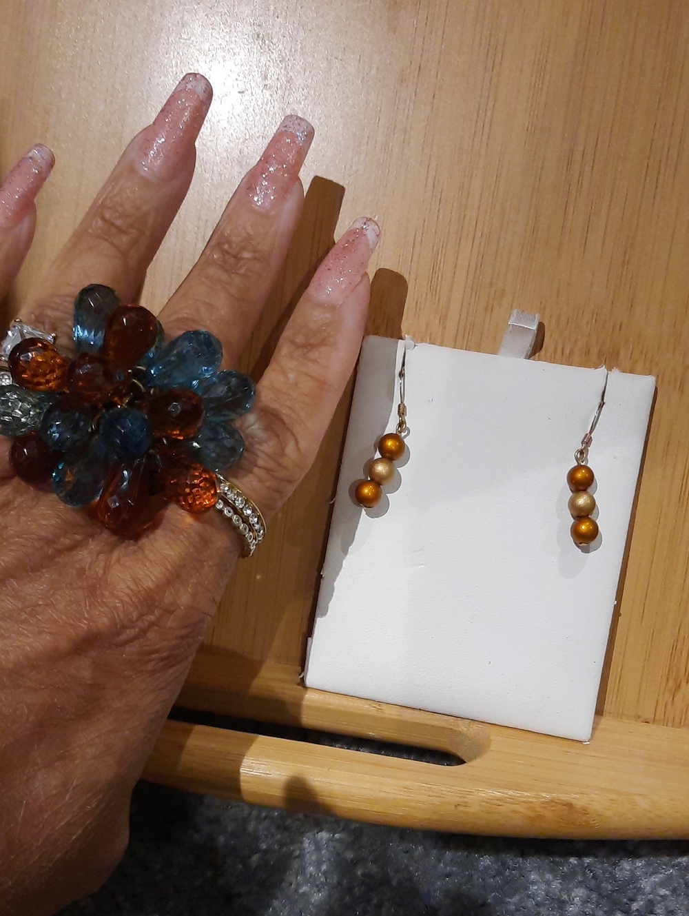MASSIVE Aqua & Cognac Crystal Briolette Statement Ring With Dangle Earrings